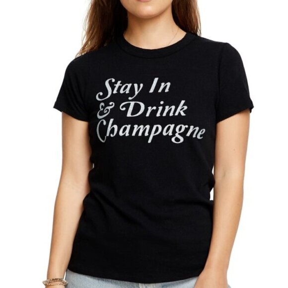 Chaser Tops - Chaser "Stay In & Drink Champagne" Glitter Tee, Black/Silver